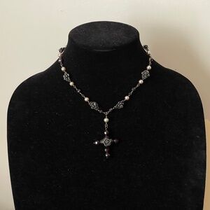 Yvone Christa sterling silver 925, pearls, garnet cross necklace Handmade